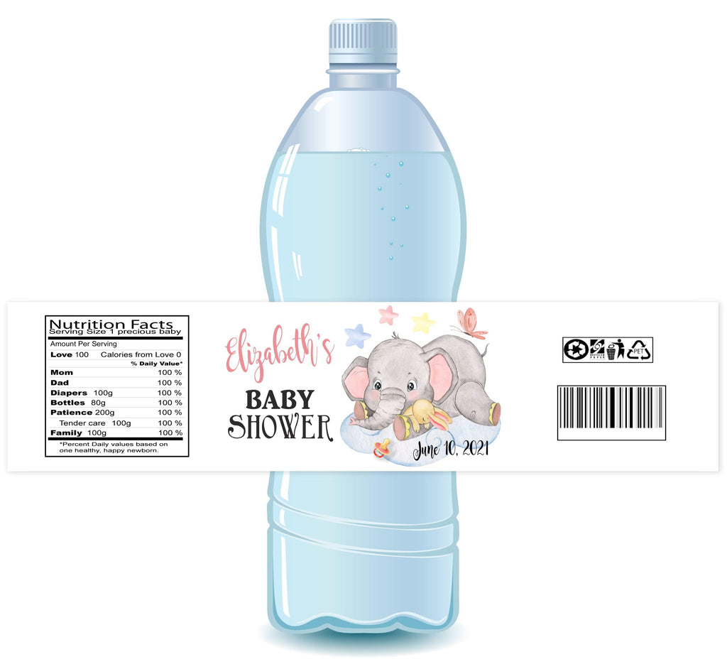 Elephant Cloud Girl Water Bottle Labels - StorkBabyGiftBaskets.com