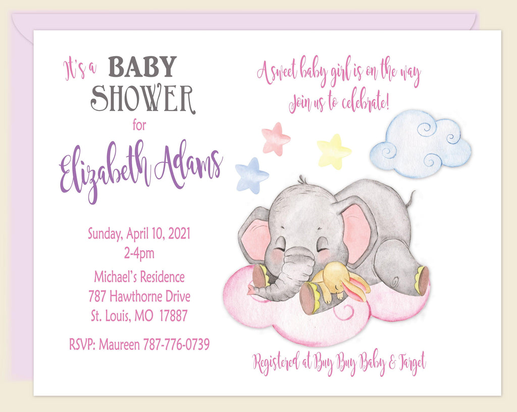 Elephant Cloud Baby Girl Shower Invitation
