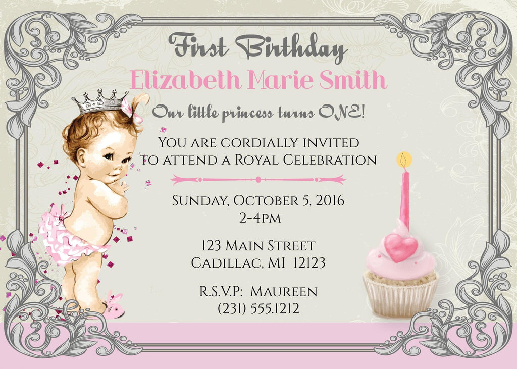 strapless open back dress Vintage Princess 1st Birthday Invitation