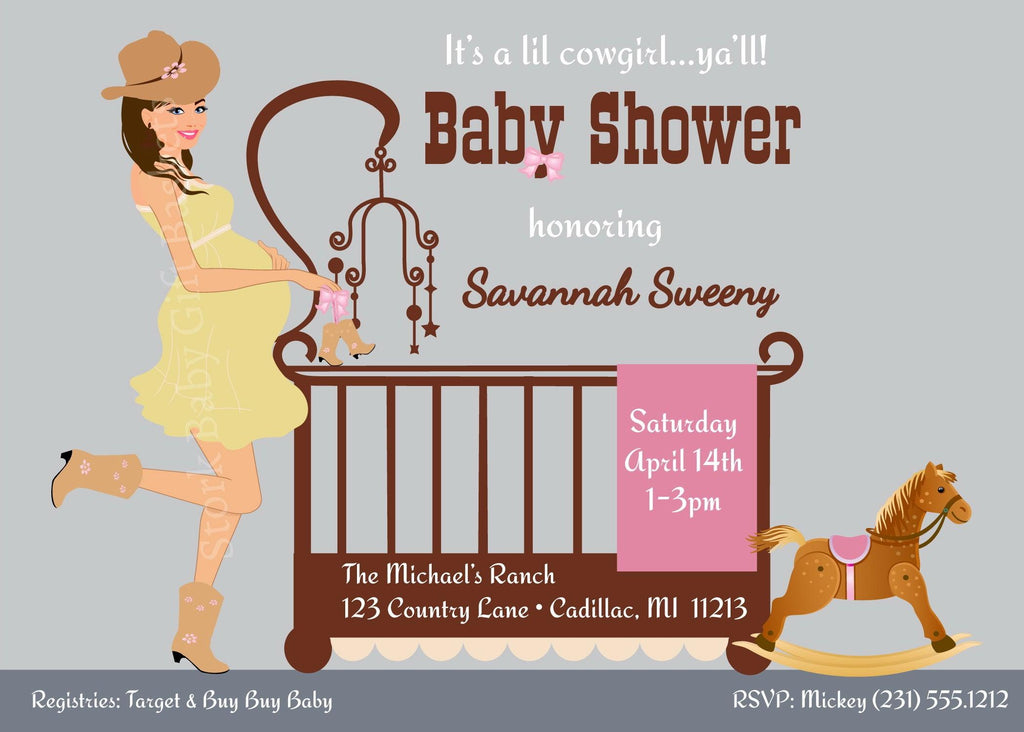 Cowgirl Baby Invitations - Brown Hair