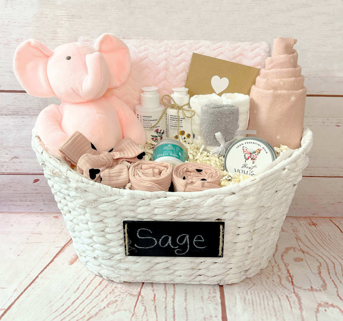 Organic & Natural Personalized Baby Girl Gift Basket – Hugs & Kisses Newborn Set with name personalization, beautifully wrapped and ready to gift