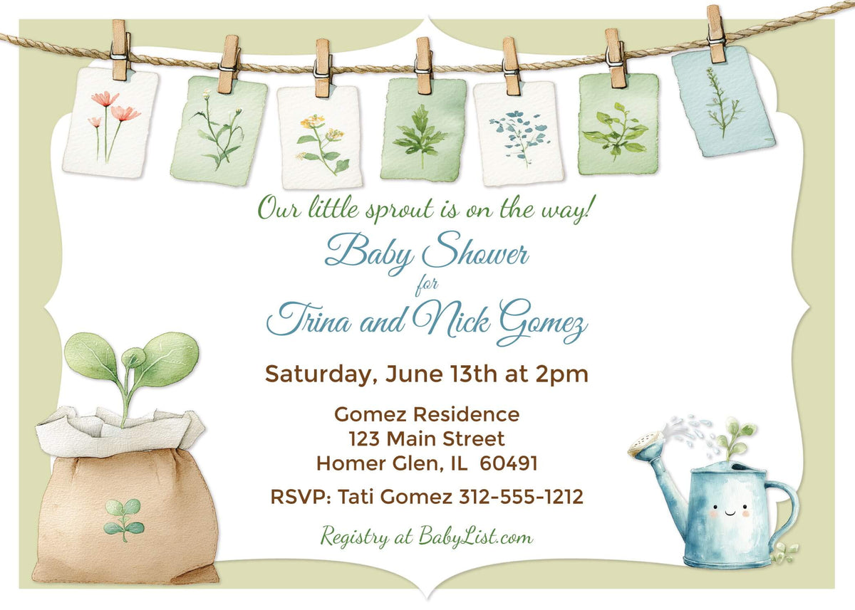 Custom baby shower invitation with 'Our Little Sprout is on the Way' design