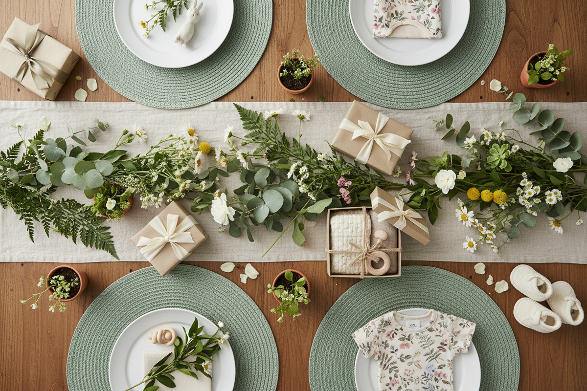 Baby shower themes for 2026 — botanical garden tablescape with lush greenery and floral accents