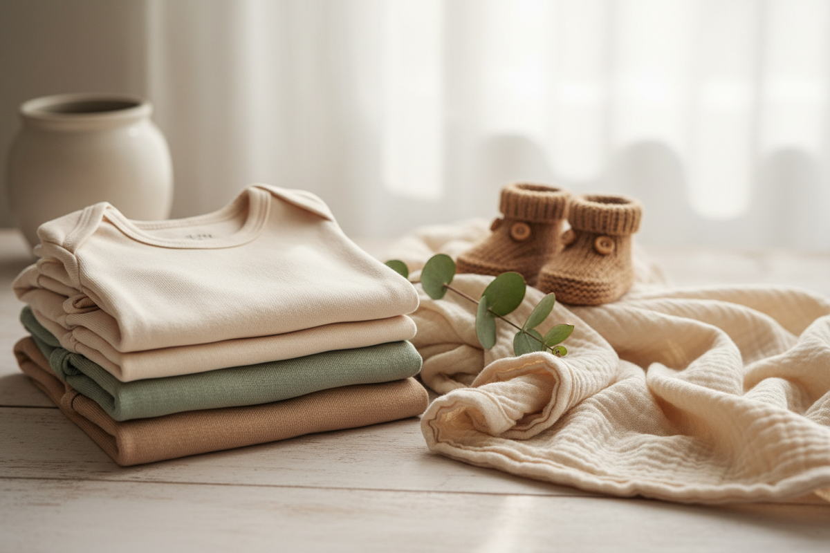 Freshly laundered organic cotton baby clothes — folded onesies and swaddle in cream and sage tones on a wooden surface