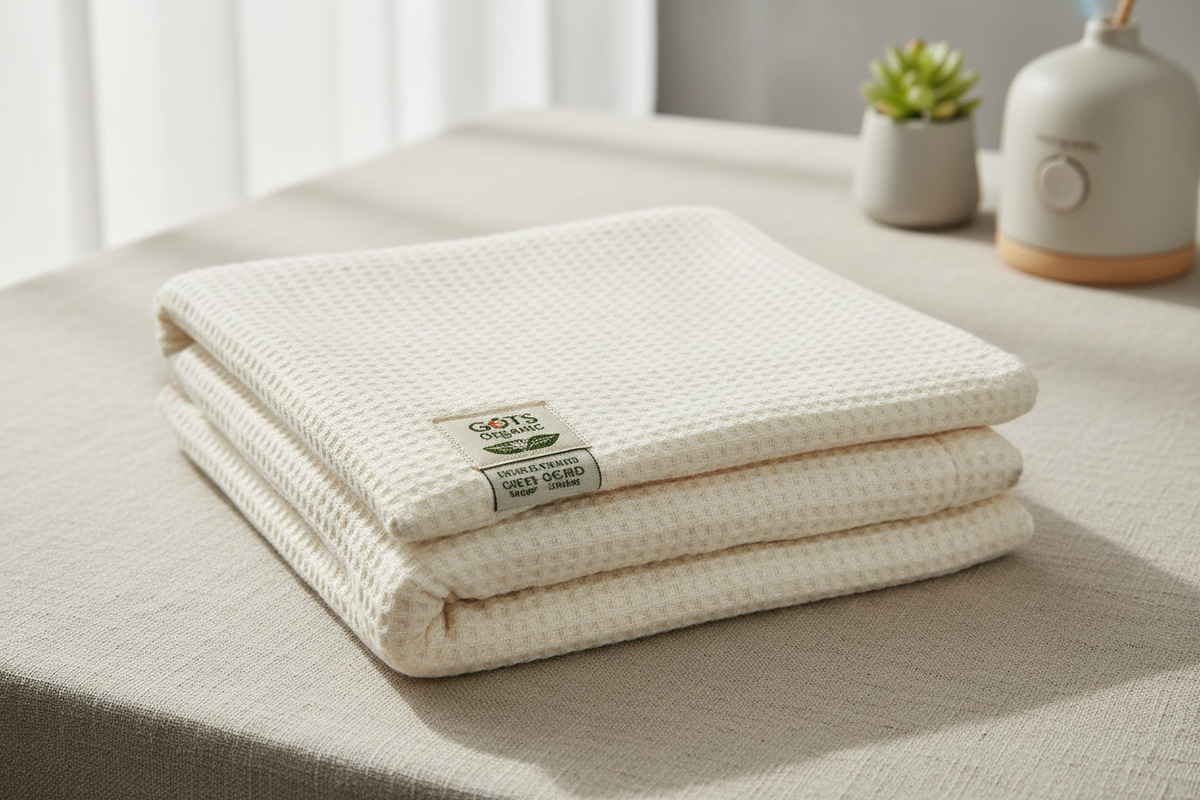Soft organic cotton baby blanket with GOTS certified label, folded on a neutral linen surface