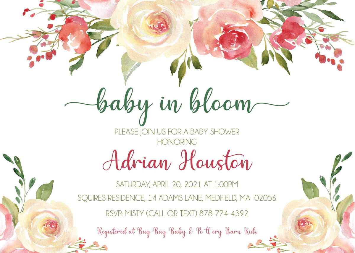 Personalized baby girl shower invitations featuring floral, boho, whimsical, and elegant styles