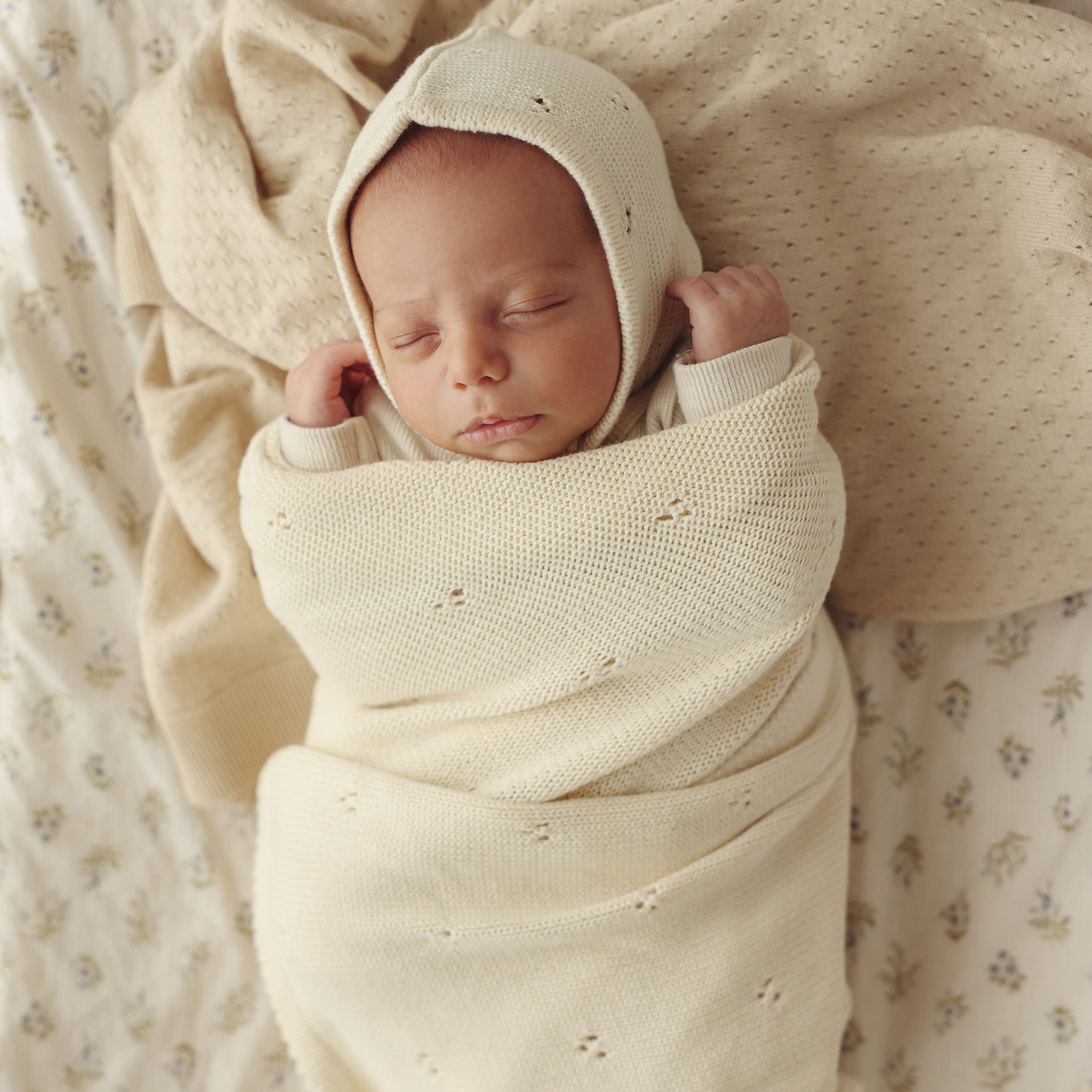 Organic Pointelle Swaddle Blanket + Hat Gift Set w/ Gift Box