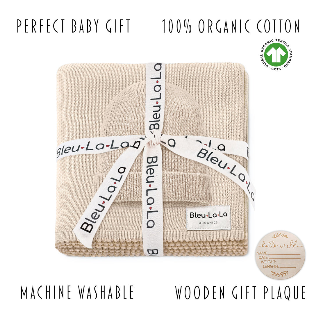 Luxe Collection 100% Organic Cotton Luxury Knit Baby Blanket + Hat Set w/ Gift Box