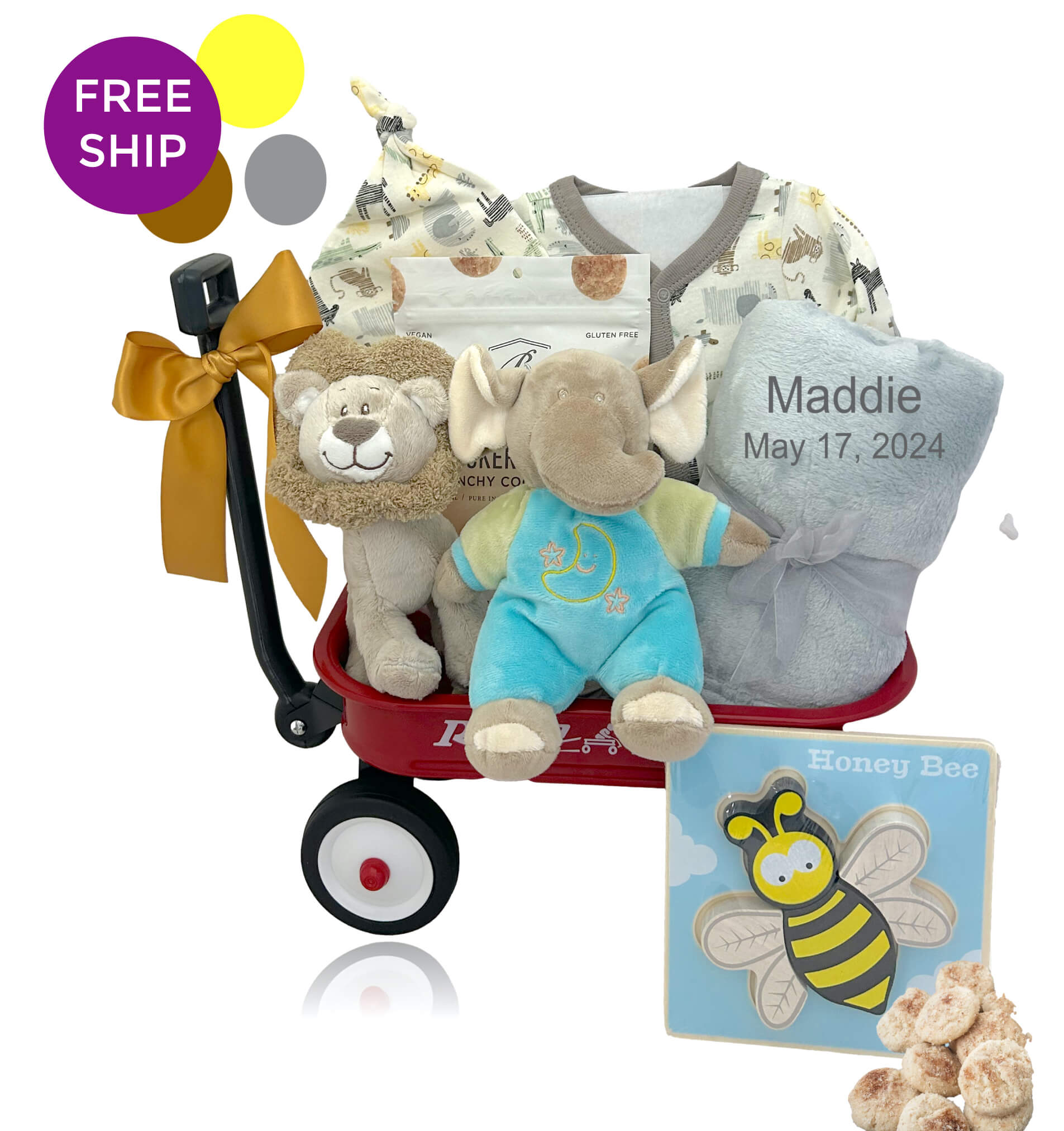Mini radio flyer wagon gift set containing a personalized blanket, baby outfit and more.