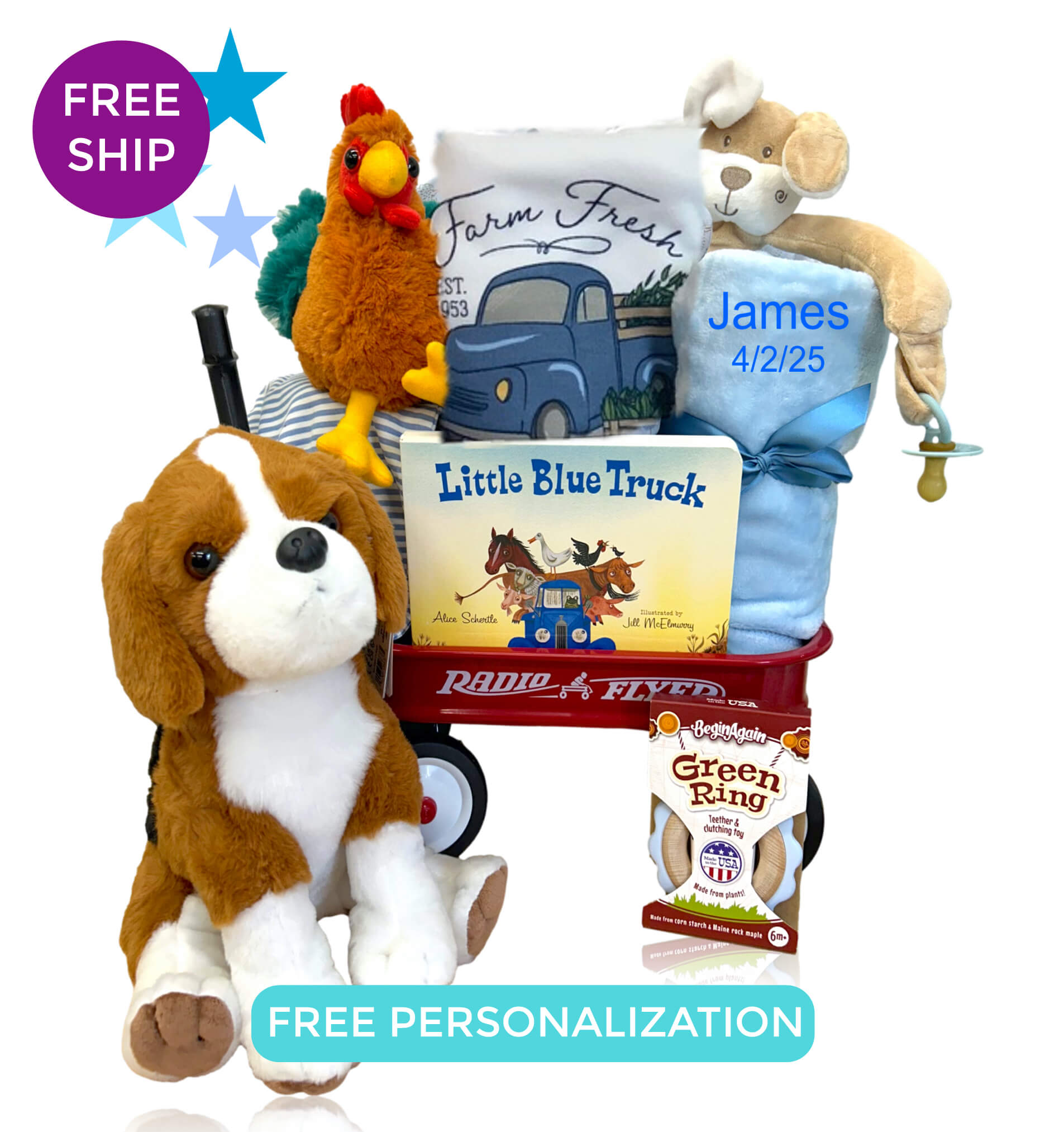 Baby boy theme gift wagon filled featuring a plush puppy and personalized baby essentials.