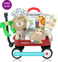 Red toy wagon with stuffed animals and a baby Einstein book set and more.