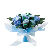 Baby boy clothing bouquet with blue and lavender rolled onesies and socks arranged as roses with green leaves, wrapped in white tissue paper with a light blue satin ribbon bow

