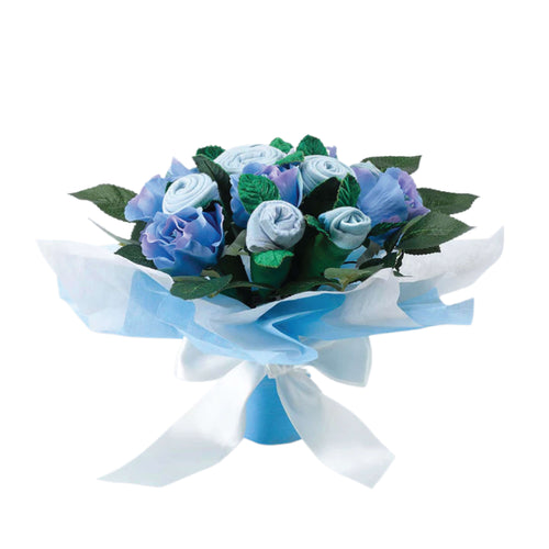 Baby boy clothing bouquet with blue and lavender rolled onesies and socks arranged as roses with green leaves, wrapped in white tissue paper with a light blue satin ribbon bow

