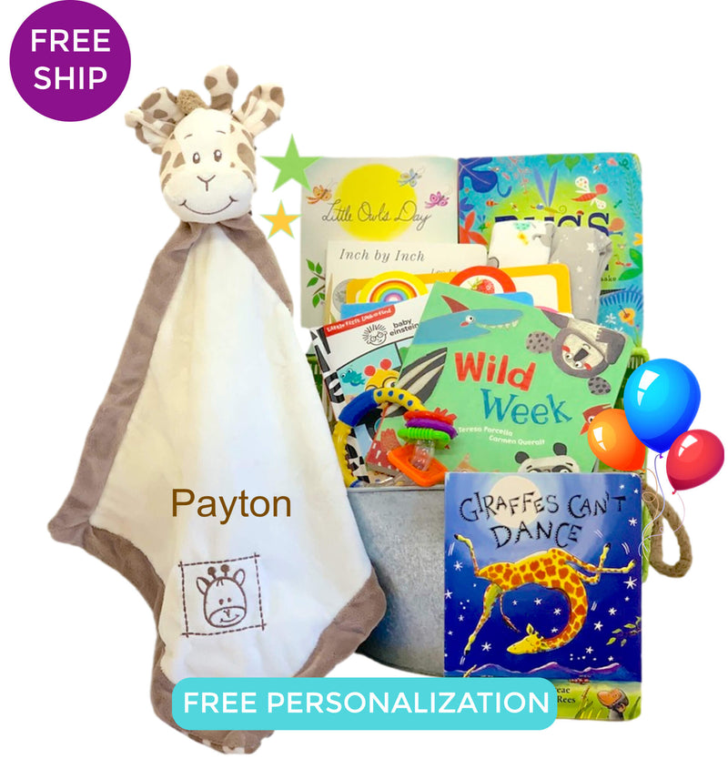 Bucket filled with baby board books and custom baby blanket.