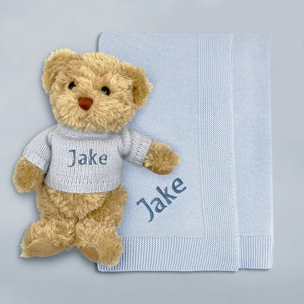 Personalized Bear & Blue Blanket Gift Set