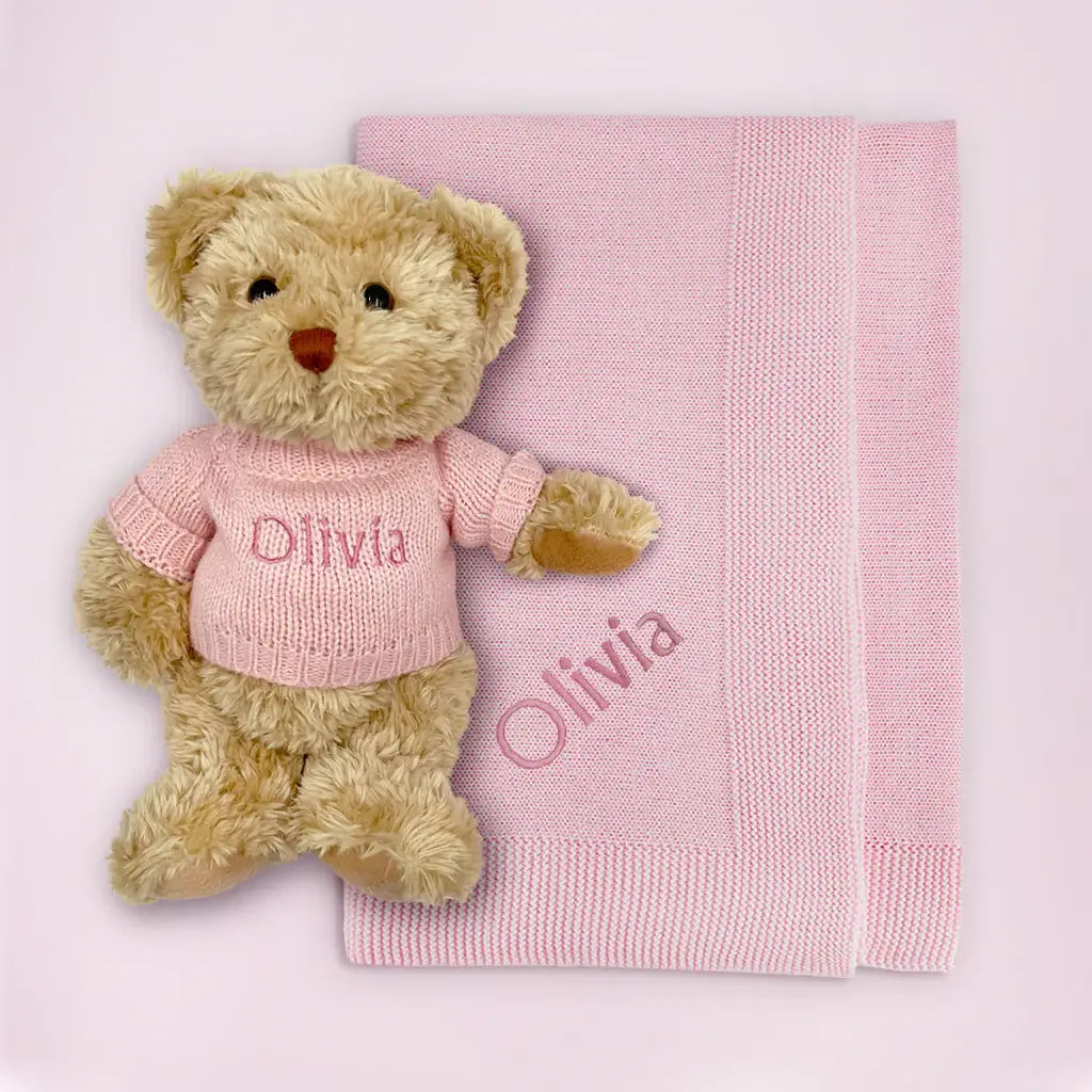 Personalized Bear & Pink Blanket Gift Set