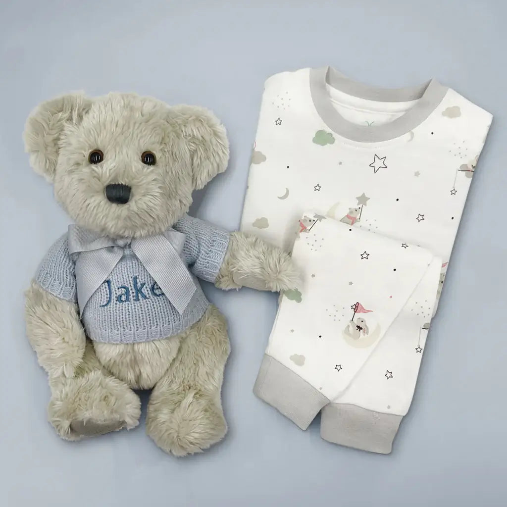 Personalized Plush Bear with Pajamas (Blue, Pink or White)