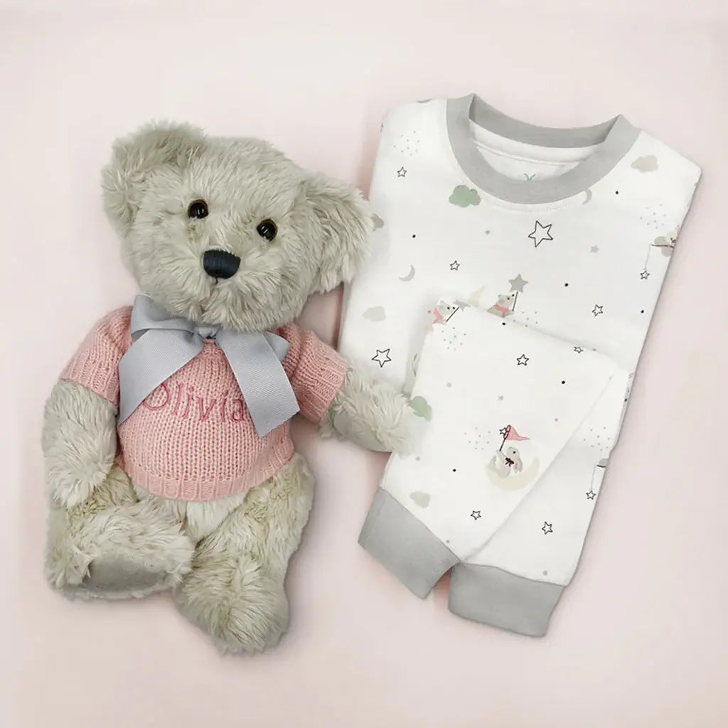 Personalized Plush Bear with Pajamas (Blue, Pink or White)