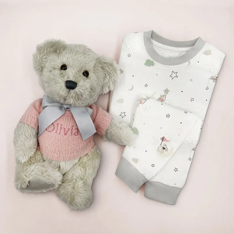 Personalized Plush Bear with Pajamas (Blue, Pink or White)