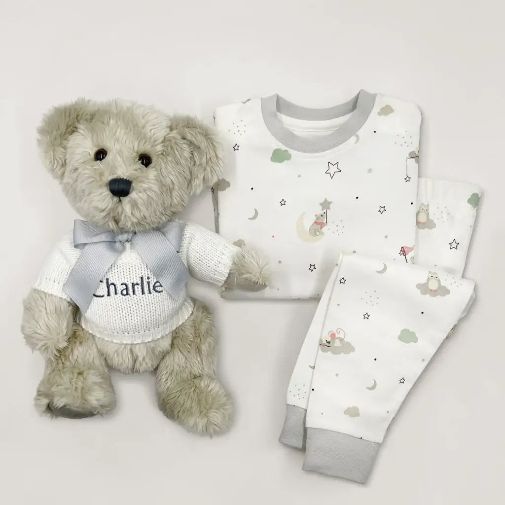 Personalized Plush Bear with Pajamas (Blue, Pink or White)