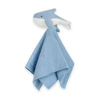 Blue shark-shaped baby comfort blanket on a white background