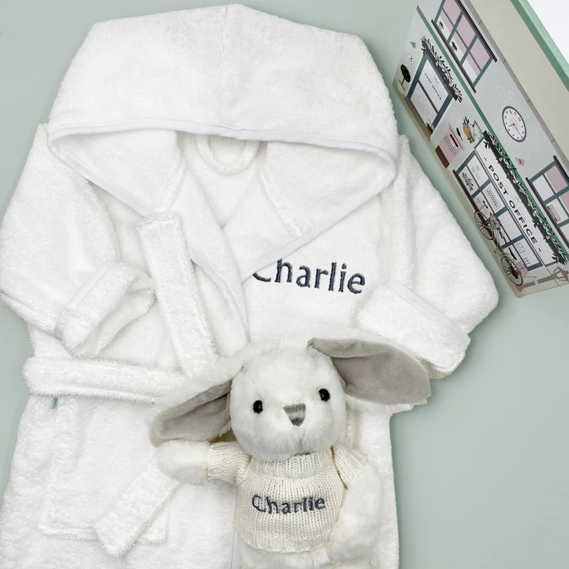 Bunny & Bathrobe Personalized Baby Set in White