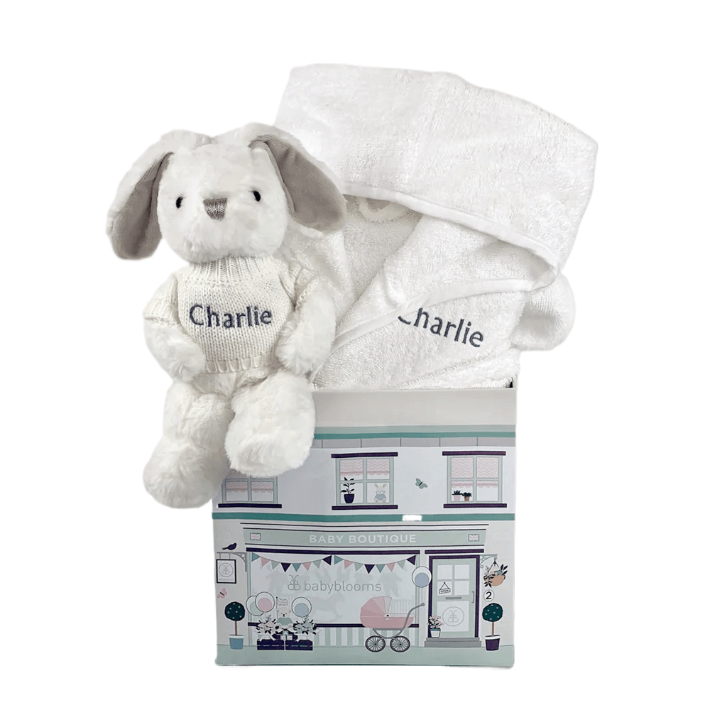 Bunny & Bathrobe Personalized Baby Set in White