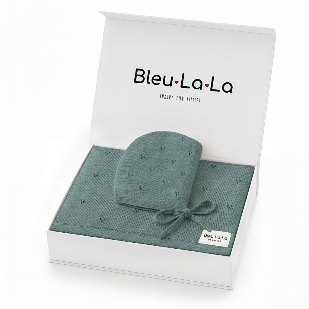 Organic Pointelle Swaddle Blanket + Hat Gift Set w/ Gift Box