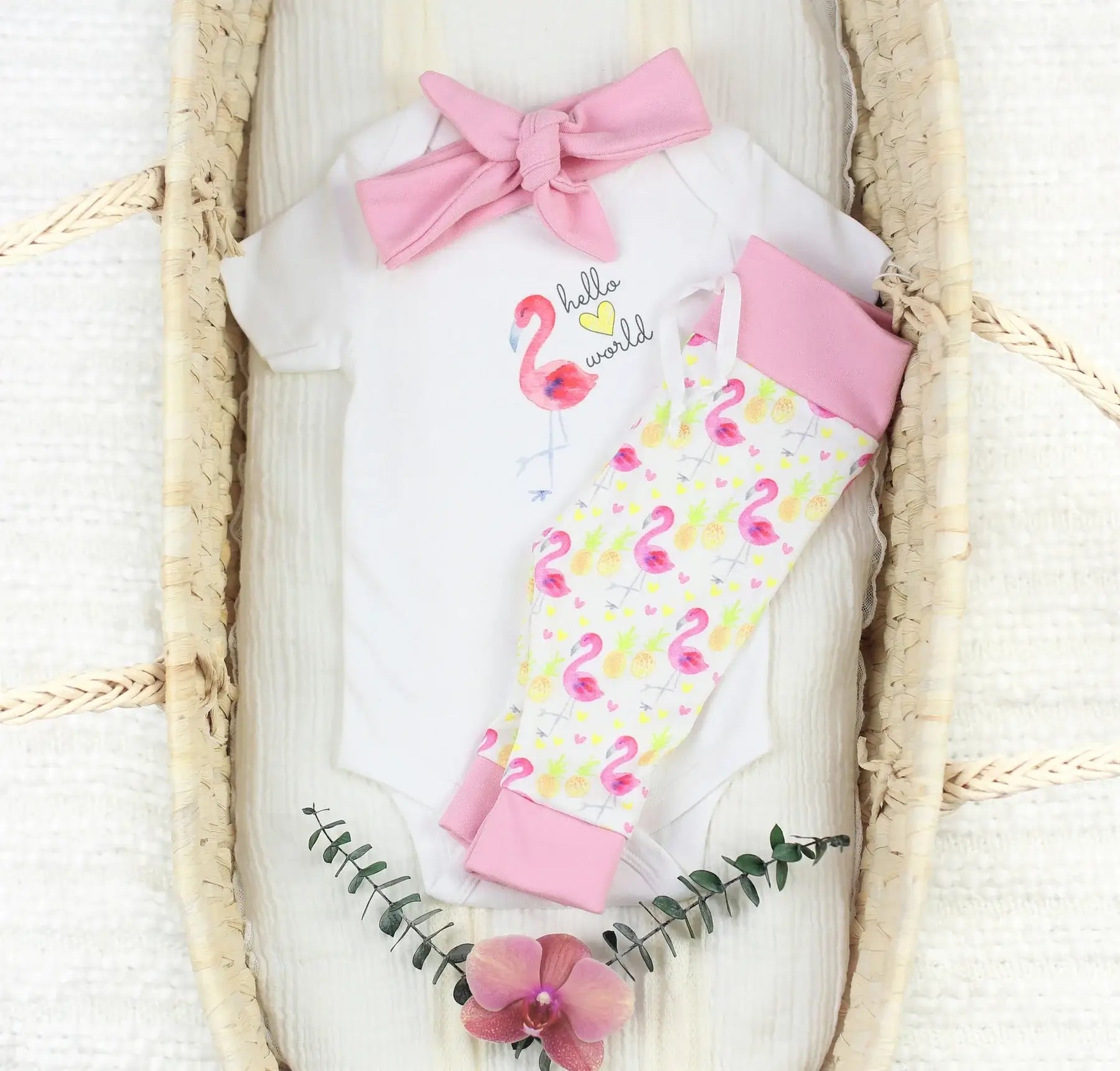 Pink Flamingo Hello World - Organic Baby Girl Basket