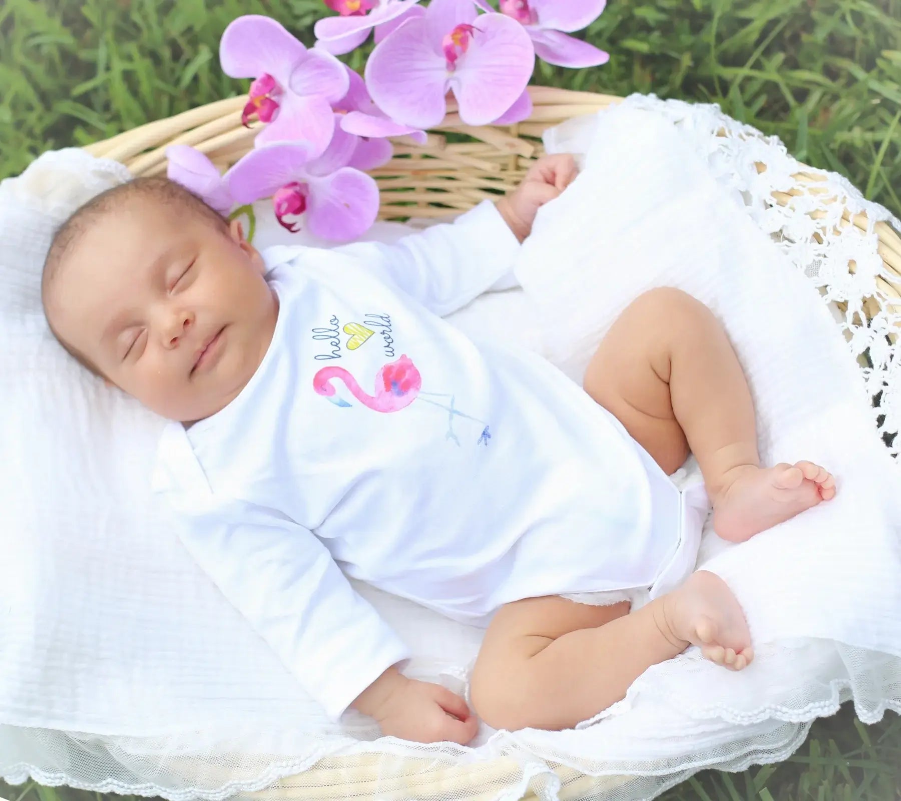 Pink Flamingo Hello World - Organic Baby Girl Basket