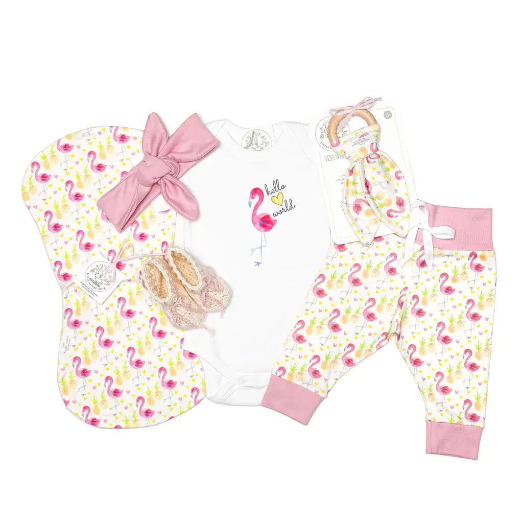 Pink Flamingo Hello World - Organic Baby Girl Basket