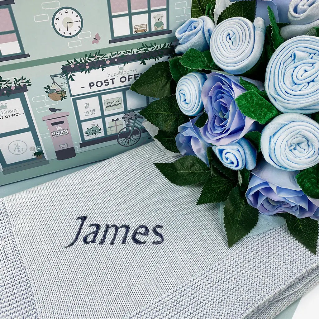 Knitted Blanket & Bouquet Baby Boy Gift Set