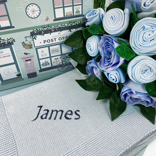 Knitted Blanket & Bouquet Baby Boy Gift Set