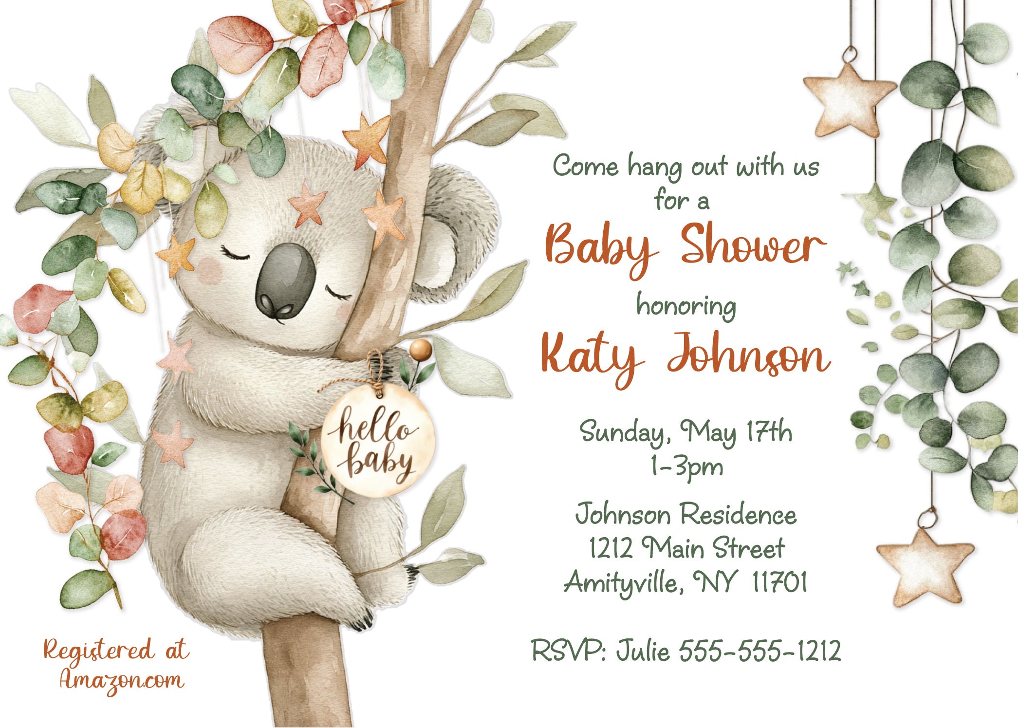 Whimsical koala baby shower invitation with eucalyptus leaves, boho stars, and forest animals on a soft neutral background