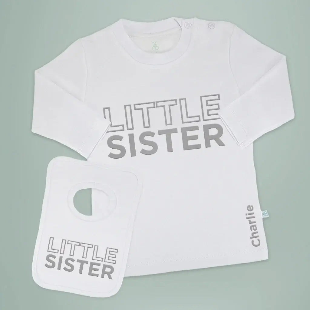 Little Sister Gift Set - Personalized Long Sleeve T-Shirt & Bib - Pink