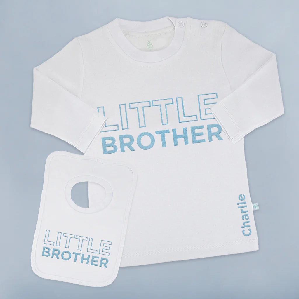 Little Brother Gift Set - Personalized Long Sleeve T-Shirt & Bib - Blue