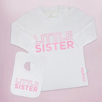 Little Sister Gift Set - Personalized Long Sleeve T-Shirt & Bib - Pink