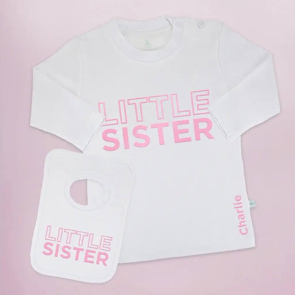 Little Sister Gift Set - Personalized Long Sleeve T-Shirt & Bib - Pink