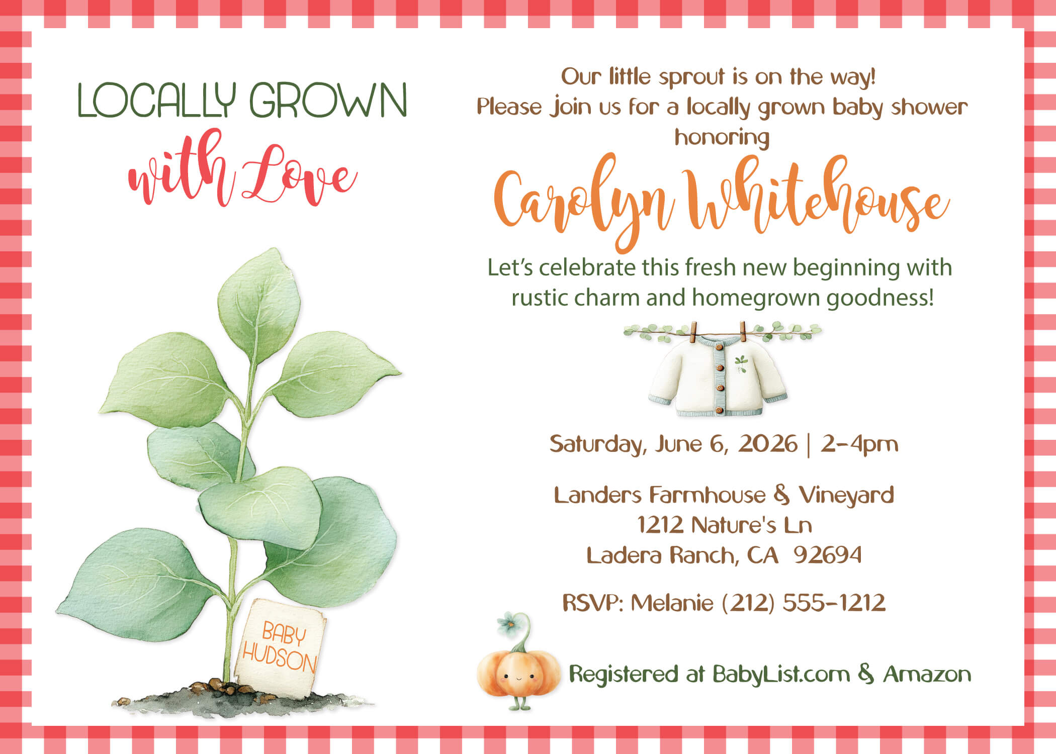Baby shower invitation with red gingham pattern and a tiny green sprout growing from dirt on a white background