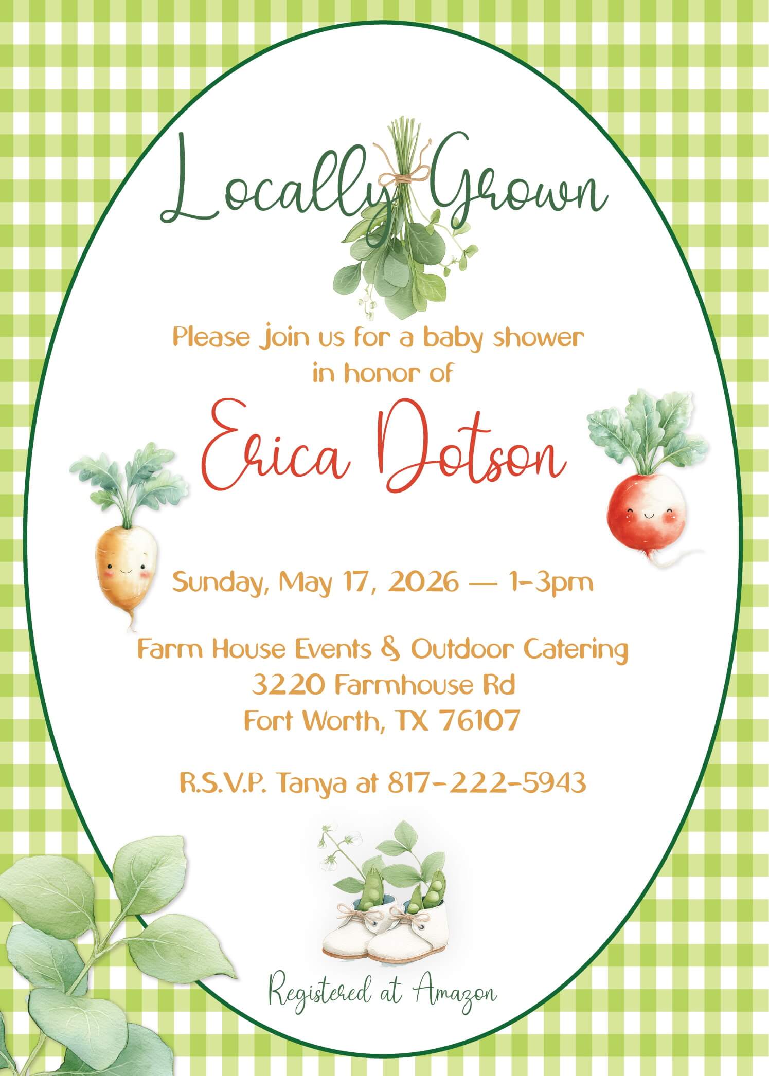 Gender neutral baby shower invitation with a gingham background, farm fresh vegetables, and greenery illustrations