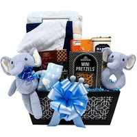 Luxury Baby Boy Basket filled with gourmet treats for mom and dad along with plush elephants  and blanket, booties and rattle for baby.
