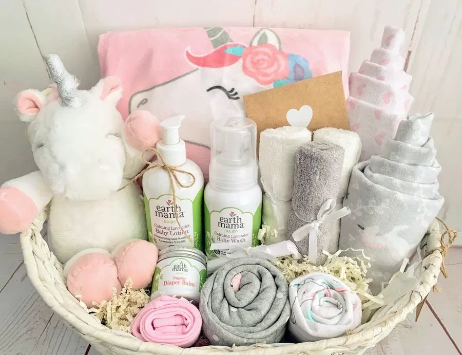 Magical Dreams Unicorn Baby Girl Gift Basket – Personalized Newborn Essentials