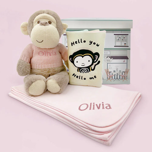 Personalized Monkey Toy W/ Soft Book & Blanket Wrap - Pink