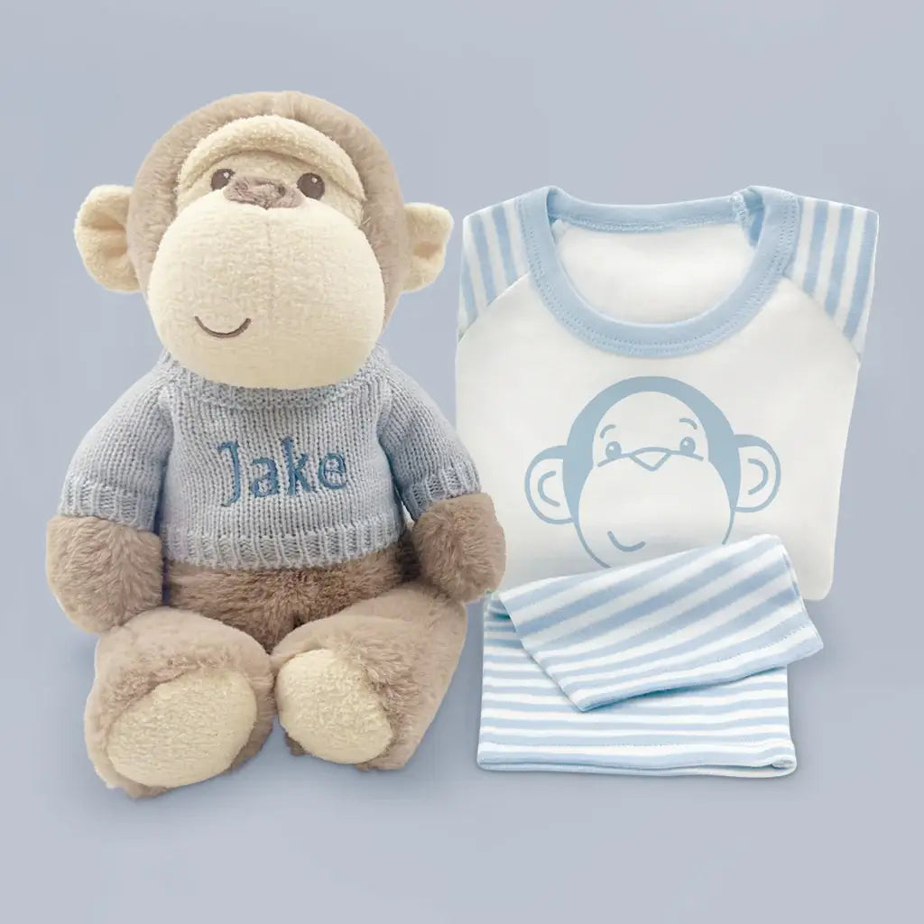 Personalized Plush Monkey with Pajamas (Blue, Pink or Red)
