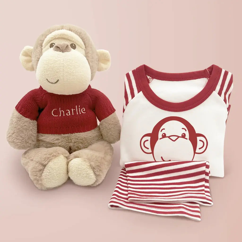 Personalized Plush Monkey with Pajamas (Blue, Pink or Red)