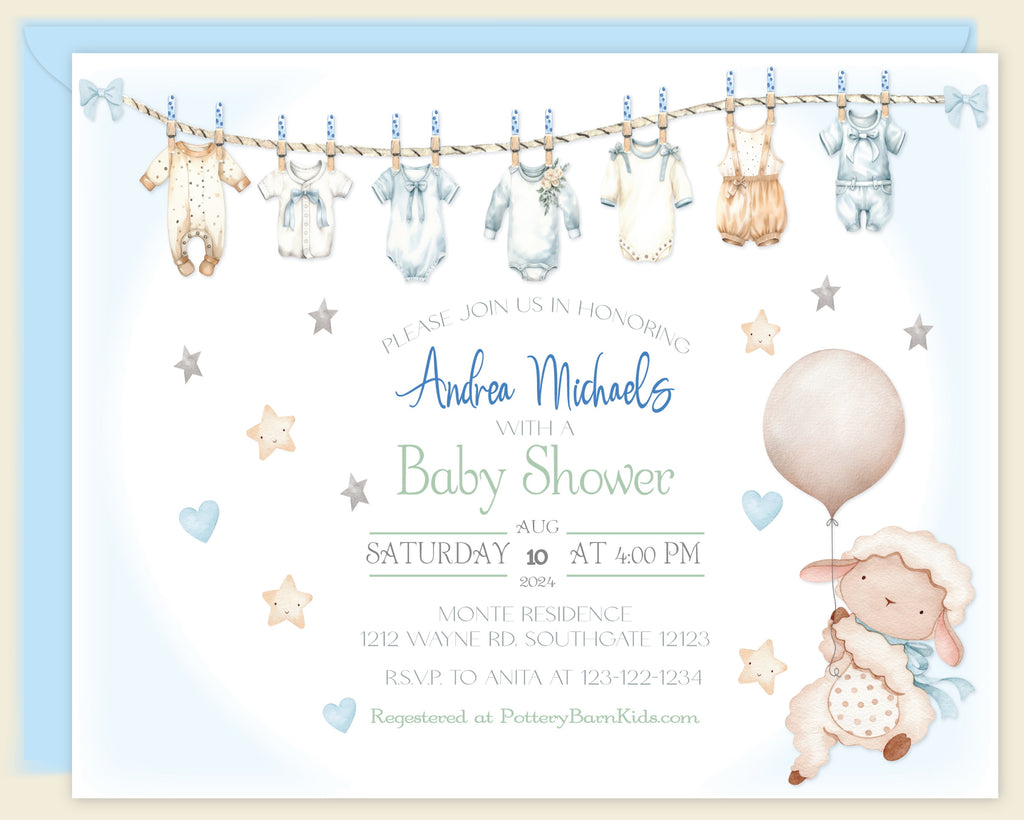 Clothesline Baby Boy Shower Invitation