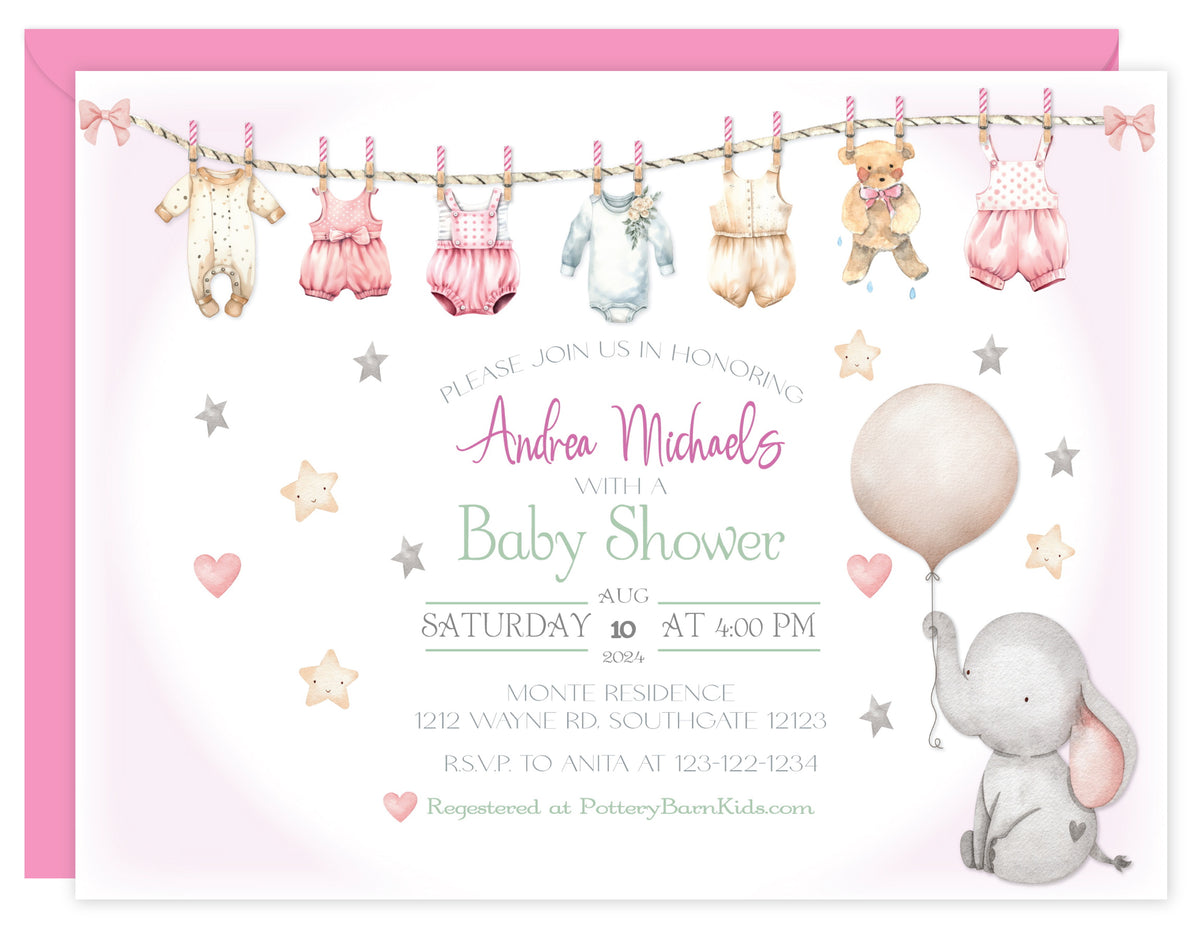 Clothesline Baby Girl Shower Invitation