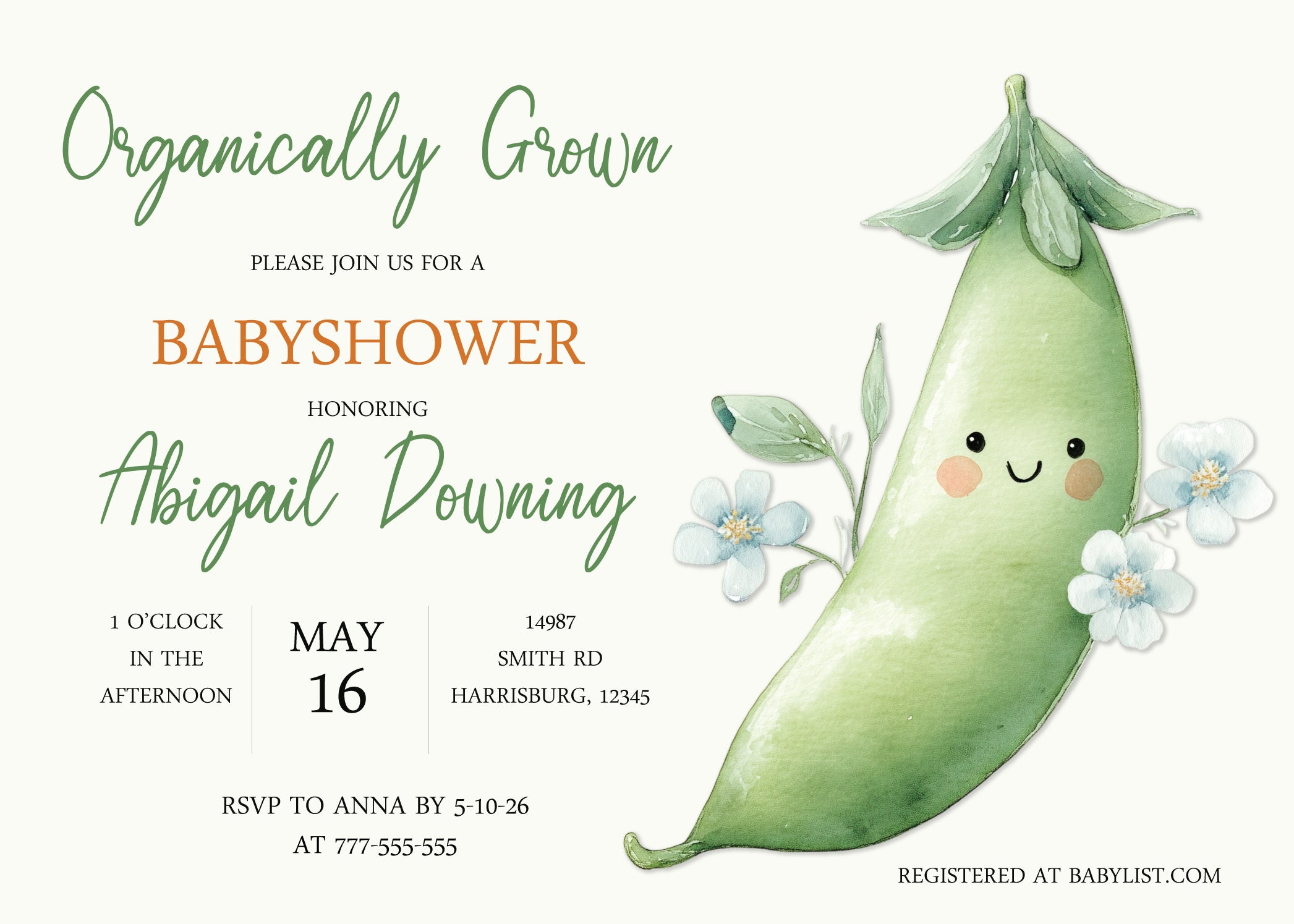 Baby shower invitation with a smiling green pea pod character and flowers on a white background.