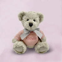 Personalized grey teddy bear wearing a pink knitted sweater embroidered with a baby girl's name, presented in an illustrated gift box