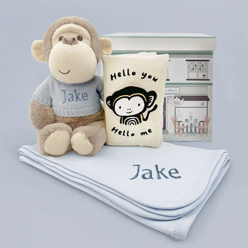 Personalized Monkey Toy W/ Soft Book & Blanket Wrap - Blue